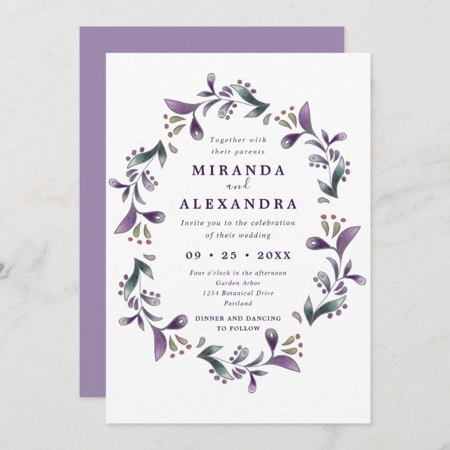 Boho purple and green floral Spring wedding Invitation (Front/Back)