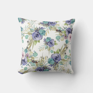 Boho Purple and Green Floral Throw Pillow