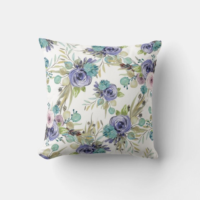  Boho Purple and Green Floral  Throw Pillow (Front)