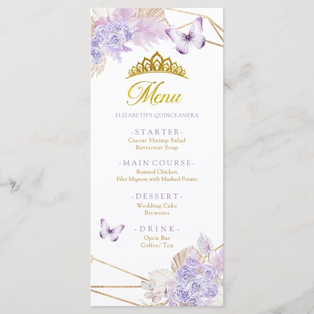 Boho Purple Butterfly Floral Princesa Quinceañera Menu (Front)