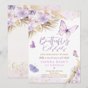 Boho Purple Butterfly Pampas Grass Birthday Party Invitation