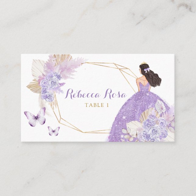 Boho Purple Butterfly Princesa Quinceañera Place Card (Front)