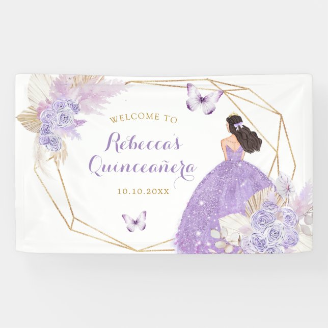 Boho Purple Butterfly Princess Quinceañera Large Banner (Horizontal)
