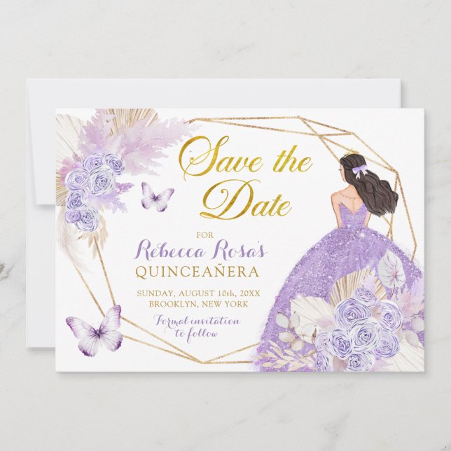 Boho Purple Butterfly Quinceañera Save The Date Invitation (Front)
