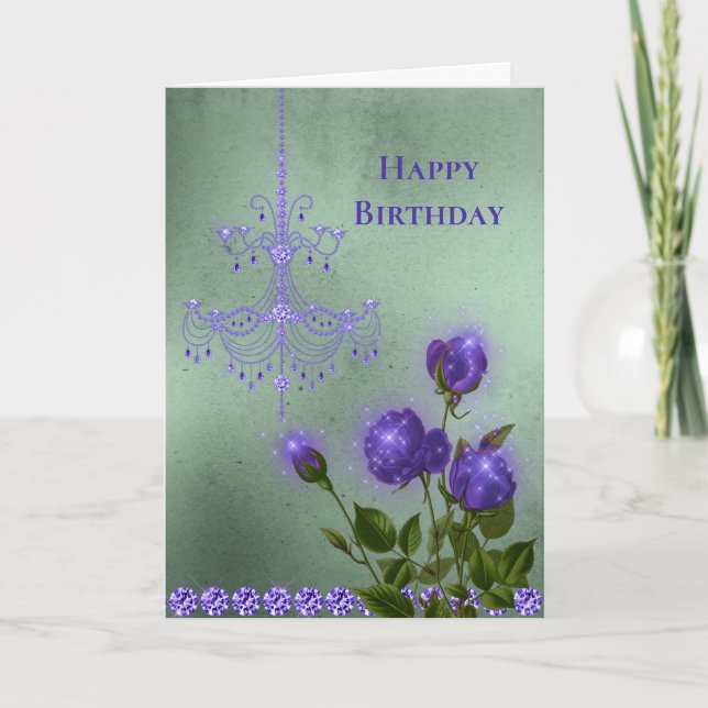 Boho Purple Chandelier Diamond Floral Birthday Card (Front)
