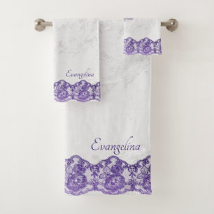 Boho Purple Faux Lace Personalized Bath Towel Set