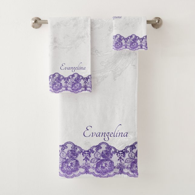Boho Purple Faux Lace Personalized Bath Towel Set (Insitu)