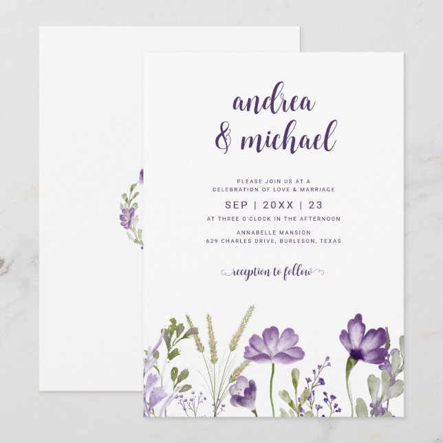 Boho Purple Fleur sauvage Grass Wedding Invitation (Devant / Derrière)