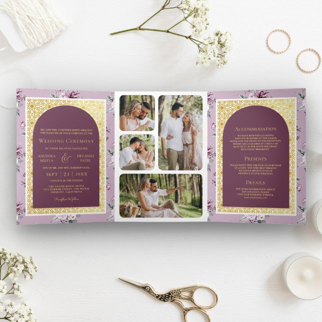 Boho Purple Floral All in One Gold Indian Wedding Tri-Fold Invitation (Creator Uploaded)