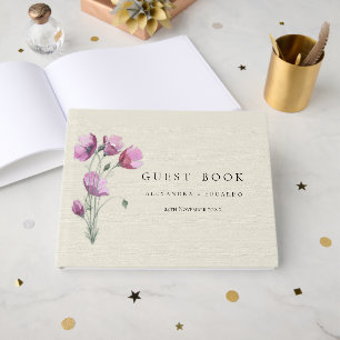Boho Purple Floral and Beige Wedding Guest Book