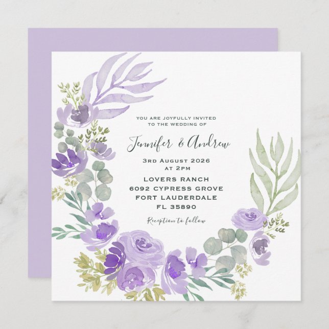 Boho Purple Floral & Botanical Watercolor Invitation (Front/Back)
