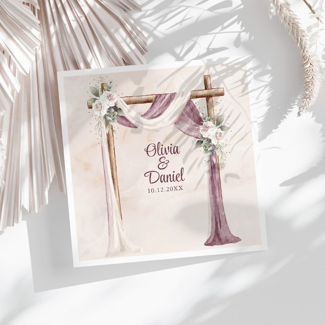 Boho Purple Floral Canopy Wedding  Napkin (Boho Purple Floral Canopy Wedding Paper Dinner Napkins on a sunny white table.)