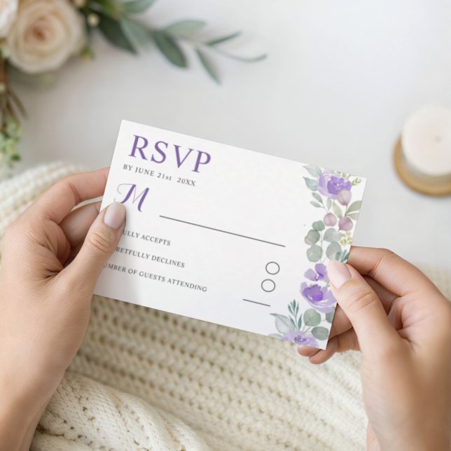 Boho Purple Floral Eucalyptus Wedding RSVP Card (Creator Uploaded)
