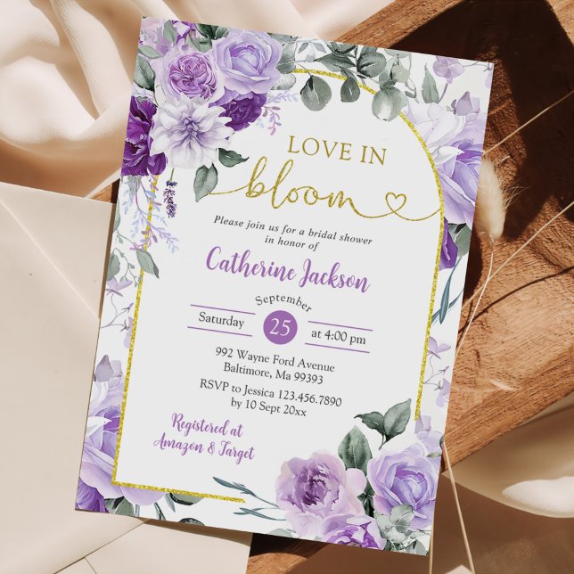 Boho Purple Floral  Love in Bloom Bridal Shower Invitation (Creator Uploaded)