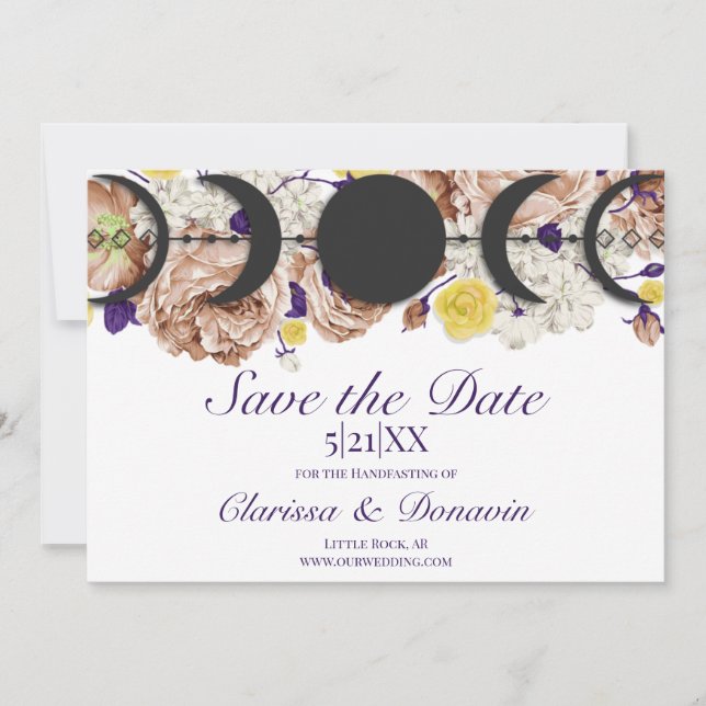 Boho Purple Floral Moon Phase Wiccan Handfasting Save The Date (Front)