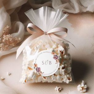 Boho Purple Floral Round Wedding Sticker Initials