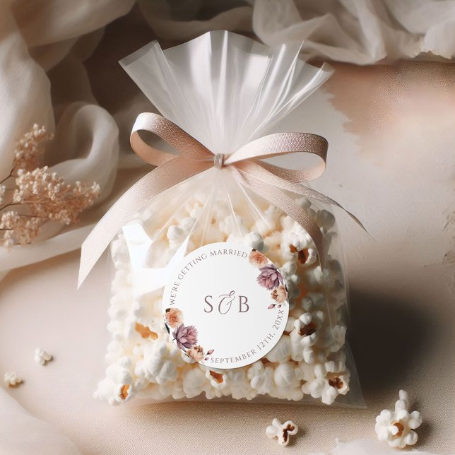 Boho Purple Floral Round Wedding Sticker Initials (Creator Uploaded)