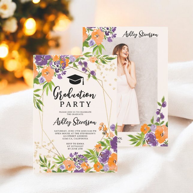 Boho Purple Floral Watercolor Graduation Photo Invitation (Boho Purple Floral Watercolor Graduation Photo Invitation)