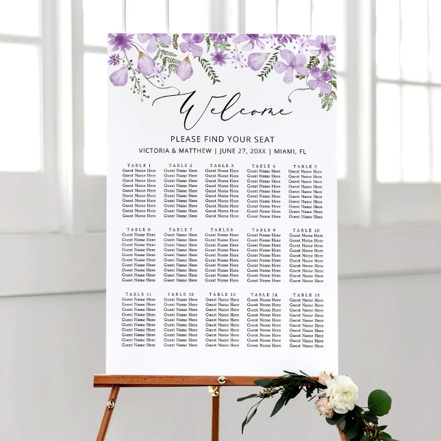 Boho Purple Flower 15 Tables Mariage Tableau de si (Créateur téléchargé)