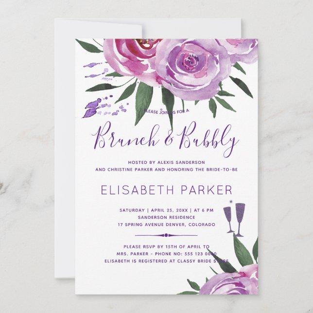 Boho purple mauve chic peonies brunch and bubble invitation (Front)