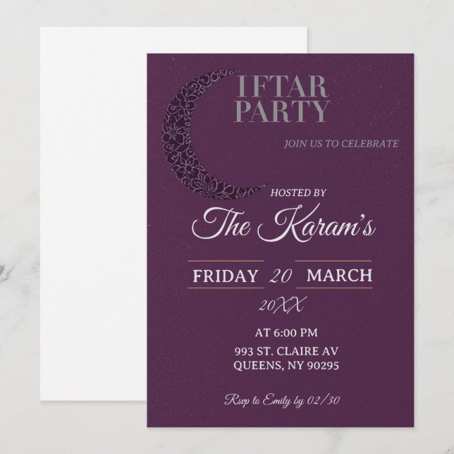 Boho Purple Minimalist Mosque Ramadan Iftar Party  Invitation (Front/Back)