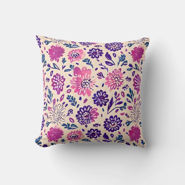 Boho Purple Ombre Floral Pattern Throw Pillow (Front)