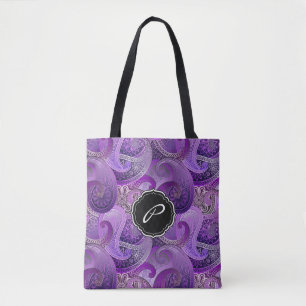 Boho Purple Paisley Pattern with Monogram Tote Bag
