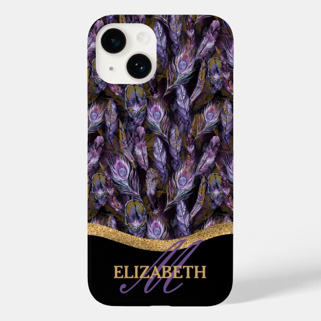 Boho Purple Peacock Feathers Pattern Monogram Case-Mate iPhone Case (Back)
