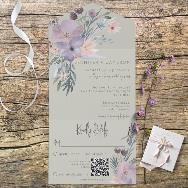 Boho Purple Pink & Blue Floral Sage Green QR Code All In One Invitation (Creator Uploaded)