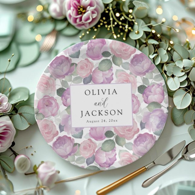 Boho Purple & Pink Watercolor Floral Wedding Paper Plate (Creator Uploaded)