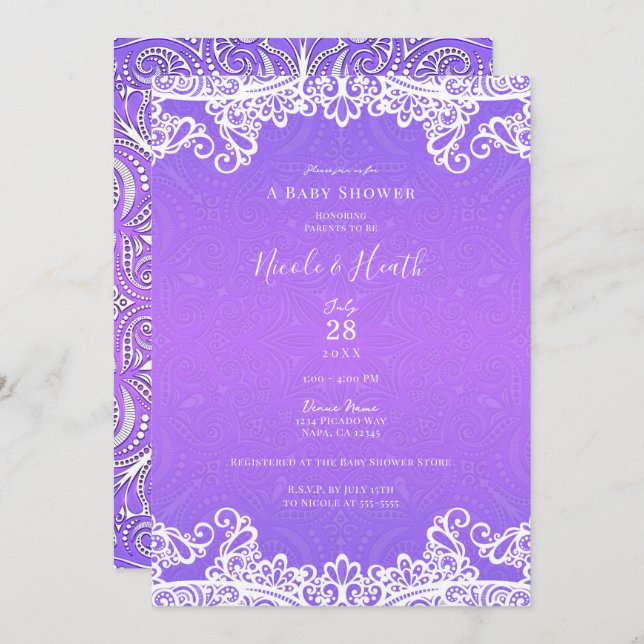 Boho Purple Pink & White Lace Baby Shower   Invitation (Front/Back)