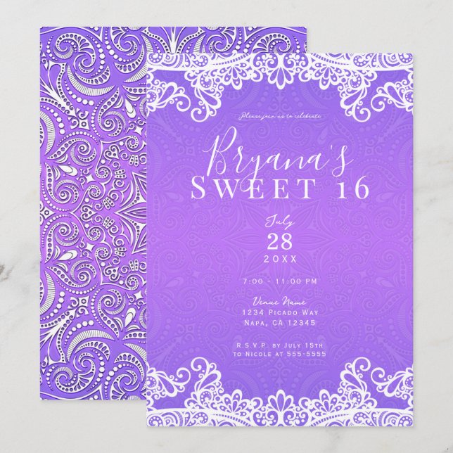 Boho Purple Pink & White Lace Bold Sweet 16 Party  Invitation (Front/Back)