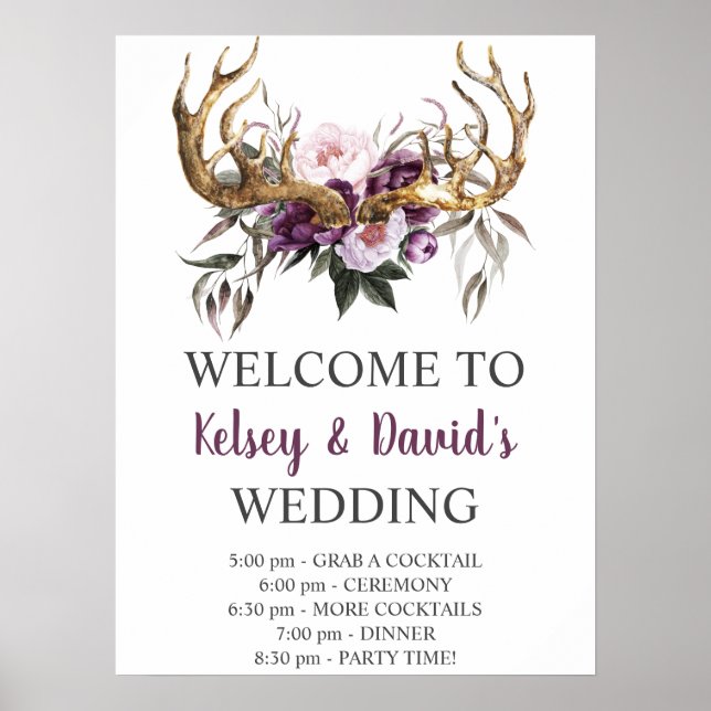 Boho Purple Plum Pink Peonies Wedding Details Poster (Front)