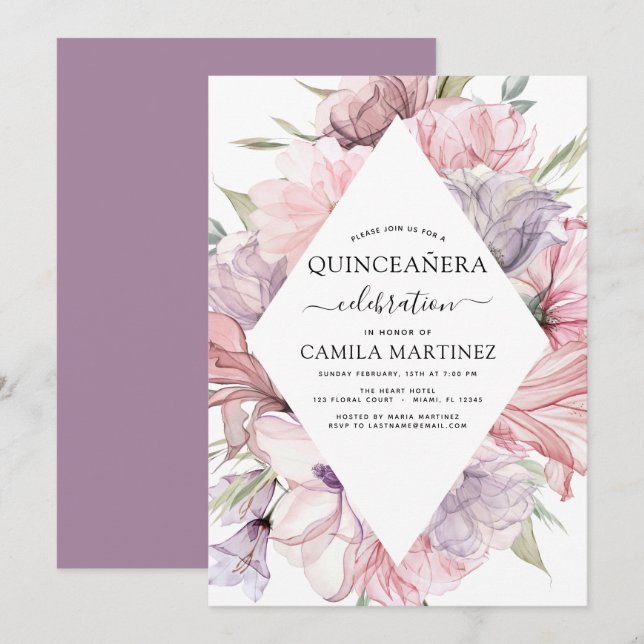 Boho Purple Quinceañera Dusty Pink Floral Invitati Invitation (Front/Back)