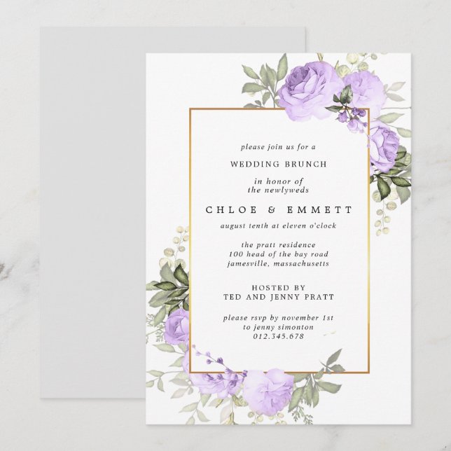 Boho Purple Rose Floral Mariage Brunch Invitation (Devant / Derrière)