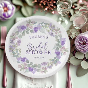 Boho Purple & Sage Floral Bridal Shower Paper Plate