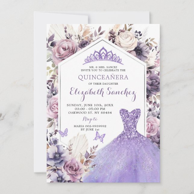 Boho Purple Silver Floral Princess Quinceañera Invitation (Front)