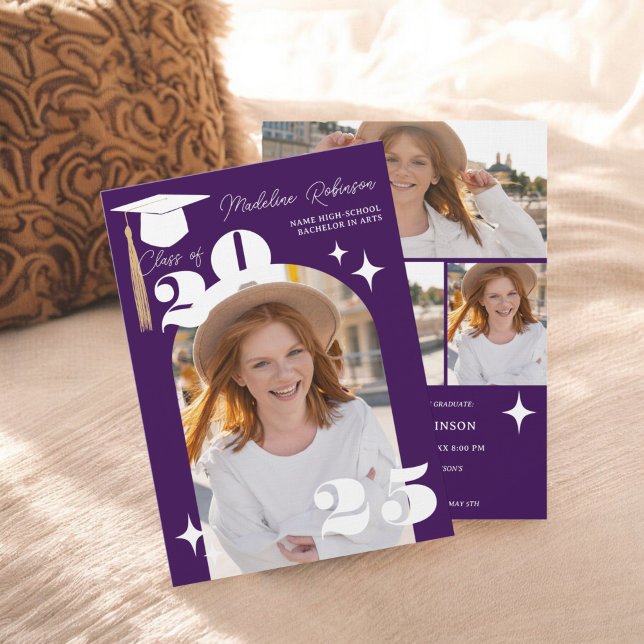 Boho purple Stars Modern 4-Photo Graduation  Invitation (Boho purple Stars Modern 4-Photo Graduation Invitation)