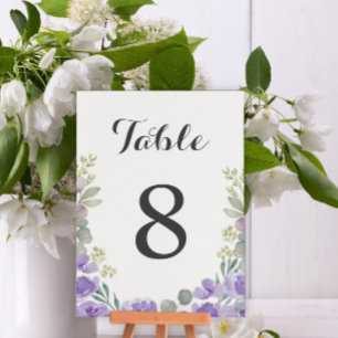Boho Purple Watercolor Floral Wedding Table Number