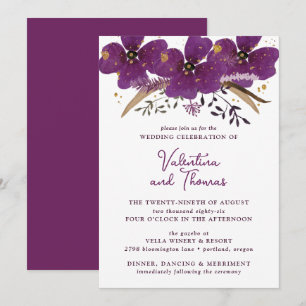 Boho Purple Watercolor Flowers Wedding Invitation