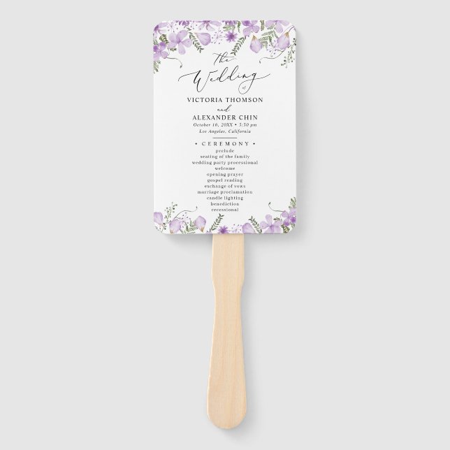 Boho Purple Wedding Program Hand Fan (Front)