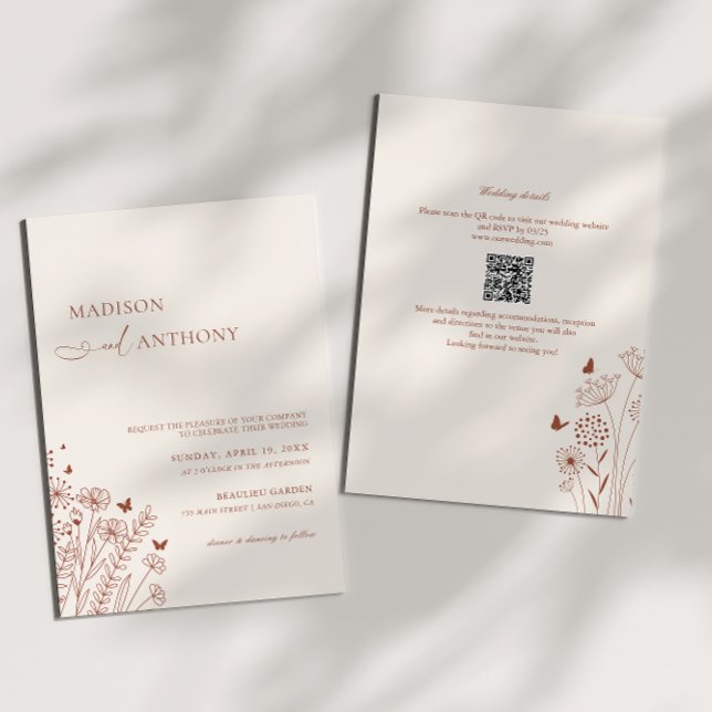 Boho QR Code Terracotta Wildflower Wedding 2 in 1 Invitation (Creator Uploaded)