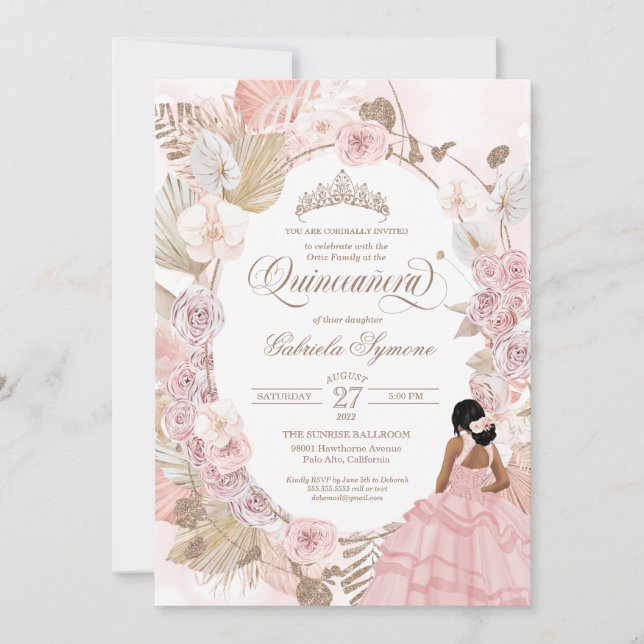 Boho Quinceanera Blush Pink Dried Floral Invitatio Invitation (Front)