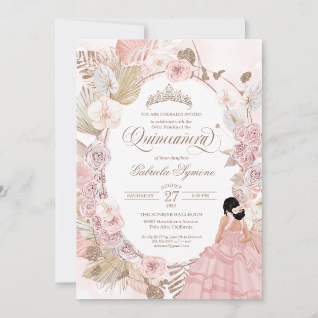 Boho Quinceanera Blush Pink Dried Floral Invitation (Front)