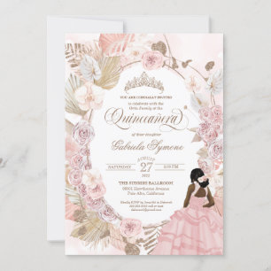 Boho Quinceanera Pink Roses Dried Floral Orchid I Invitation