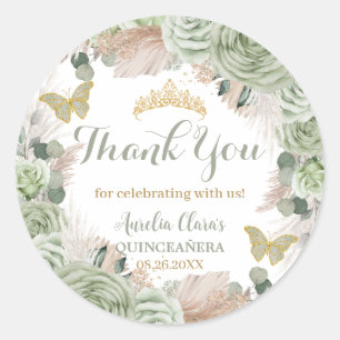 Boho Quinceañera Sage Green Floral Pampas Grass Classic Round Sticker