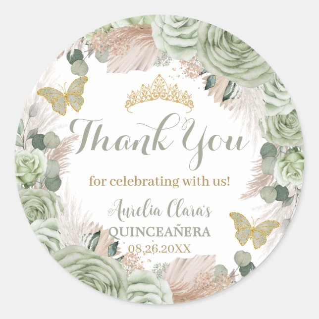 Boho Quinceañera Sage Green Floral Pampas Grass Classic Round Sticker (Front)