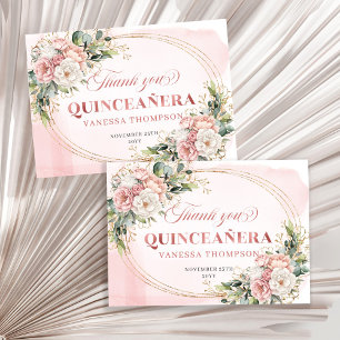 Boho Quinceañera Thank You Card Rose Gold Floral 