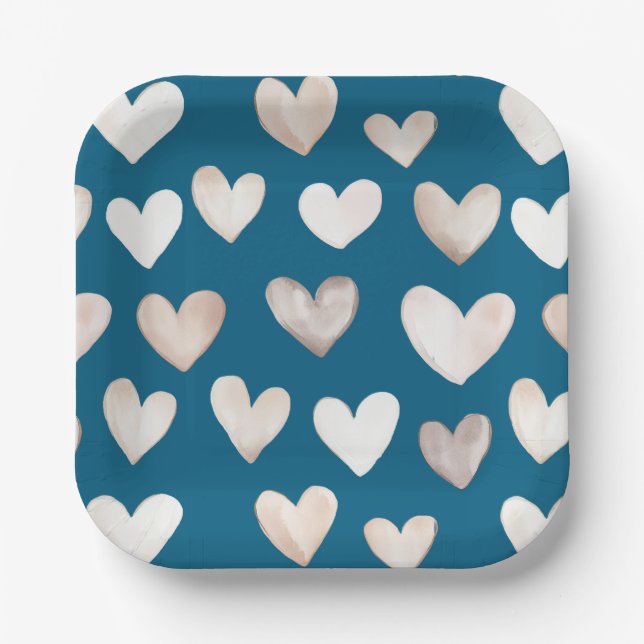 Boho Quirky Cream Beige Hearts Pattern Turquoise Paper Plate (Front)