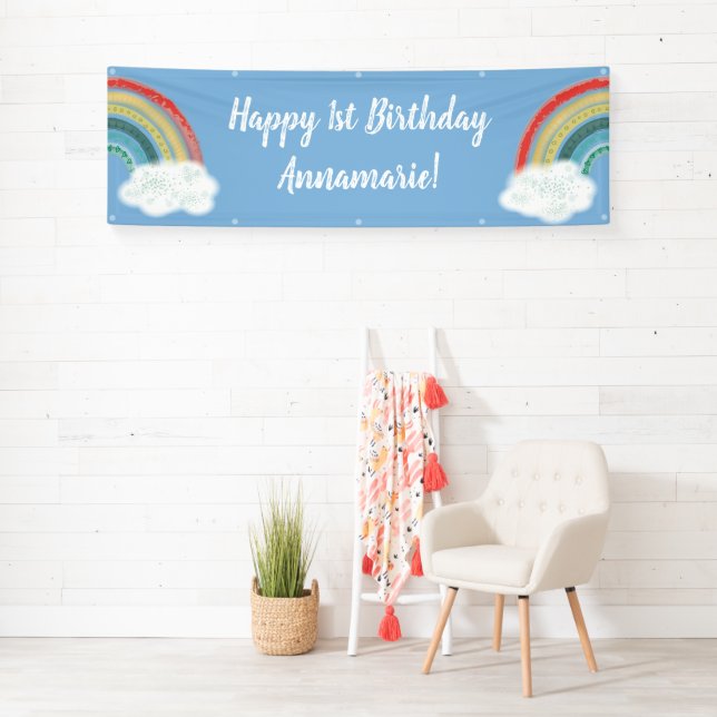 Boho Rainbow 1st Birthday Party Blue Boy Kids Banner (Insitu)